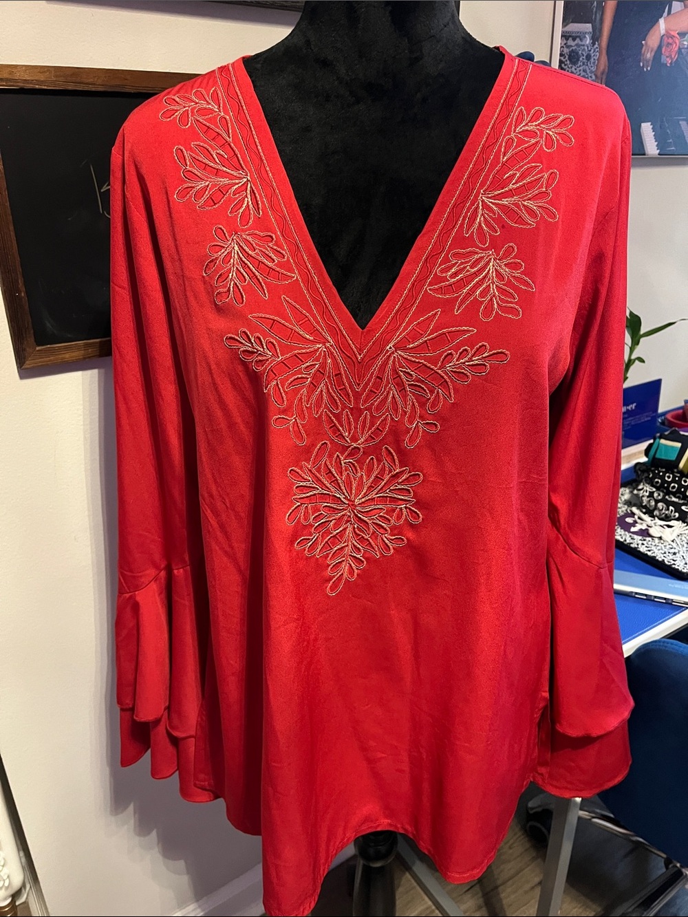 V-Neck Burgundy w/Gold Embroidered Red Women's Tunic Top